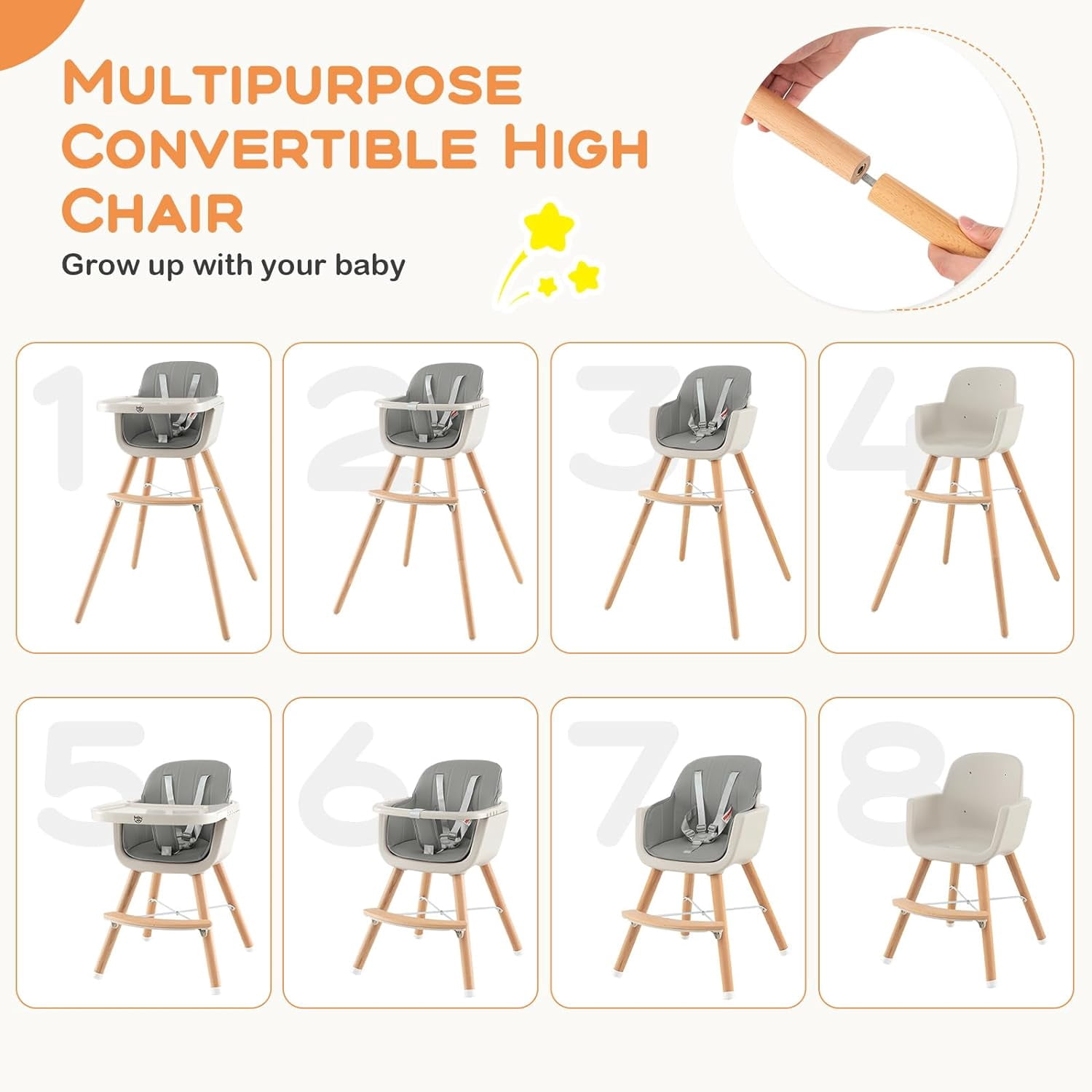 High Chair, OEIKPFN 3 IN 1 Convertible Wooden High Chair with Adjustable Legs & Removable Tray, Gray