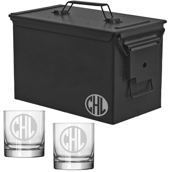 ROLYAD 50 Caliber Ammo Box Metal Ammunition Case Steel Storage Can with 11oz Rocks Whiskey Glasses (Circle Monogram), Black