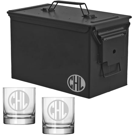 ROLYAD 50 Caliber Ammo Box Metal Ammunition Case Steel Storage Can with 11oz Rocks Whiskey Glasses (Circle Monogram) Black