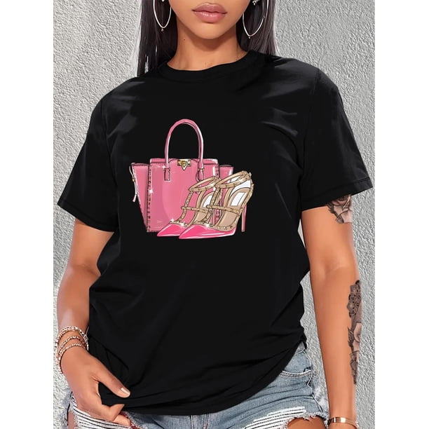 Camisetas con diseño gráfico para mujer, playera corta, clásico, estética, ropa de verano de los 90Elegant Bright Pink High Heels and Handbag Print Casual Fashion Round Neck Short Sleeve T-Shirt fo
