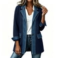 thumbnail image 2 of Women's Knit Jackets, Long Sleeve Paneled Denim Cardigan Outerwear with Collared Neck Single Button & Pocket, Trendy Casual Wear | VerBelle,Dark Blue L, 2 of 8