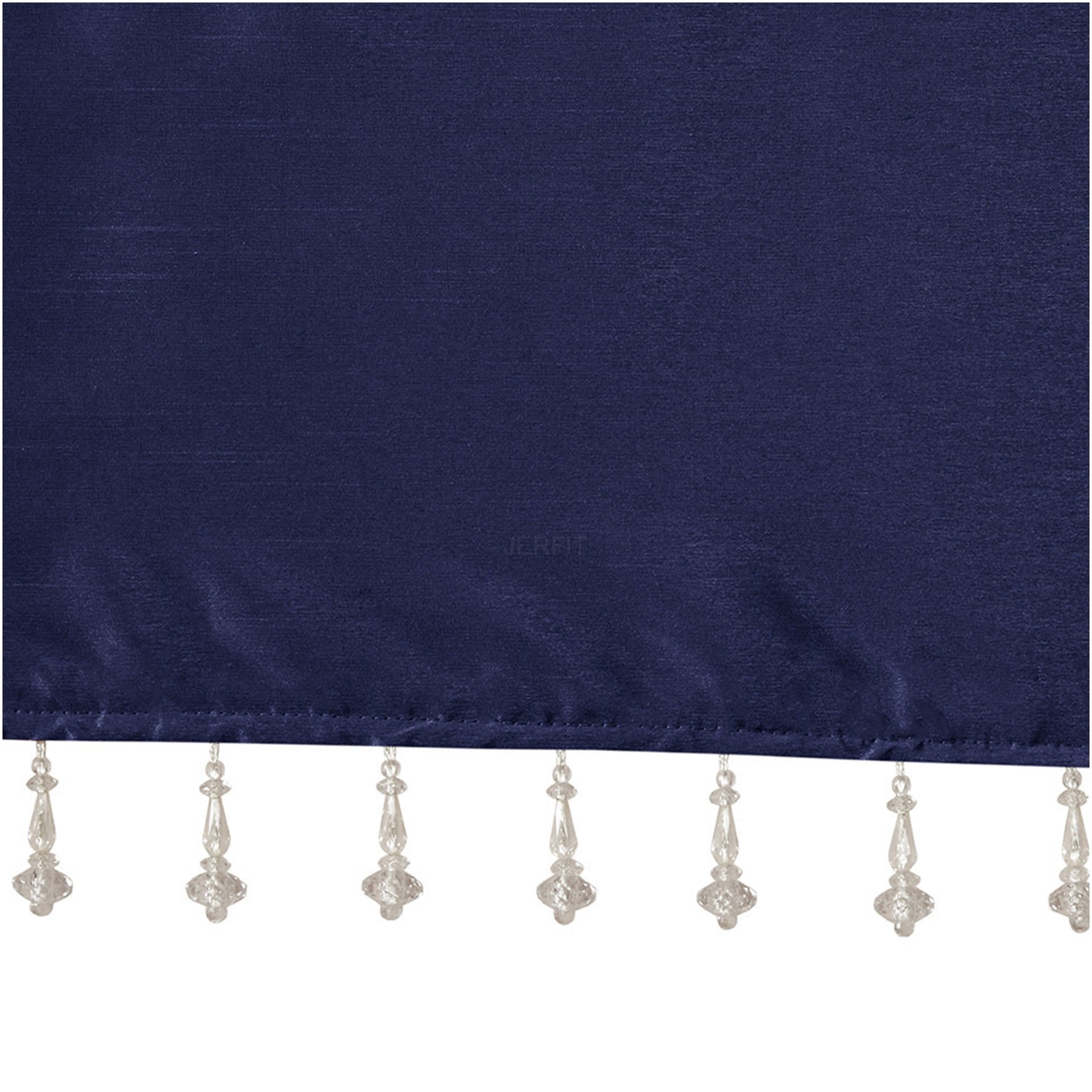 JERFIT Navy Blue Faux Silk Window Valance with Beaded Trim, 50x26 Inch DIY Twist Tab Top Curtain for Elegant Home Decor