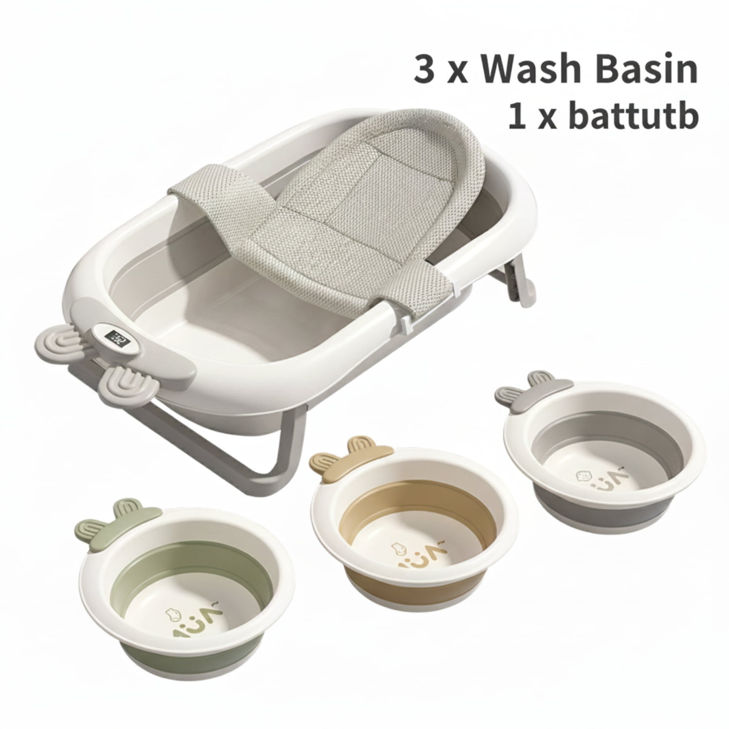 PUEDO Enlarged Collapsible Baby Bathtub for Infants to Toddler, with Thermometer, 3 Wash Basin and Bathing Net Cushion