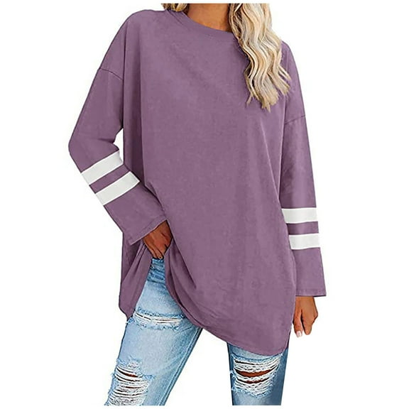 Chbgutlmr Tops for Women Long Sleeve Crewneck Color Block Casual Loose Blouses Fall Comfy Basic Shirts