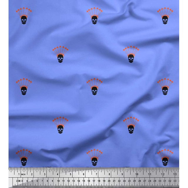 Soimoi Blue polyester Crepe Fabric Arrow & Skull Print Sewing Fabric Yard 42 Inch Wide