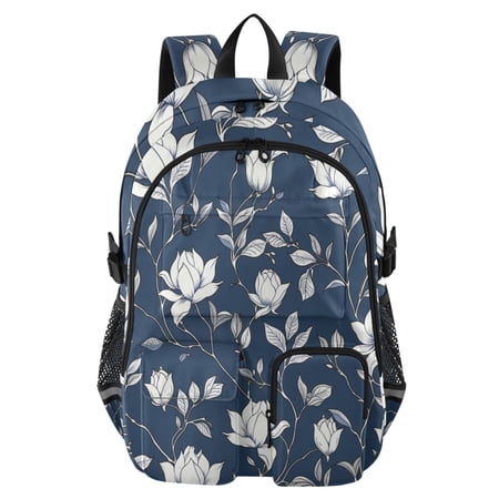 DIXRUYEE Navy Magnolia Bloom Backpack for School 14”Laptop Compatible with Reflective Safety Strips