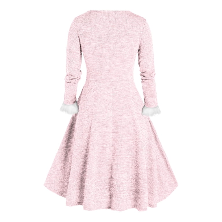 jsaierl Womens Christmas Dresses Long Sleeve V-Neck Cocktail Dress Holiday  Faux Fur Trim A Line Dresses Casual Swing Dress Christmas Gift for Women -  Walmart.com