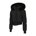 thumbnail image 6 of Women Winter Cropped Puffer Jacket Faux Fur Hood Stand Collar Corseted Zip Up Short Down Coat with Pockets, 6 of 6