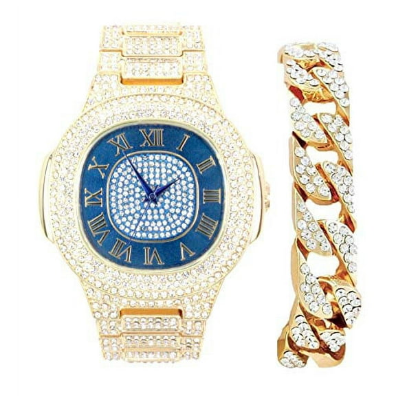 Bling-ed Out Cuban Bracelet with Oblong Iced Look Hip Hop Watch - 8475BC (Gld Agua Blue ST10235SDR#C)