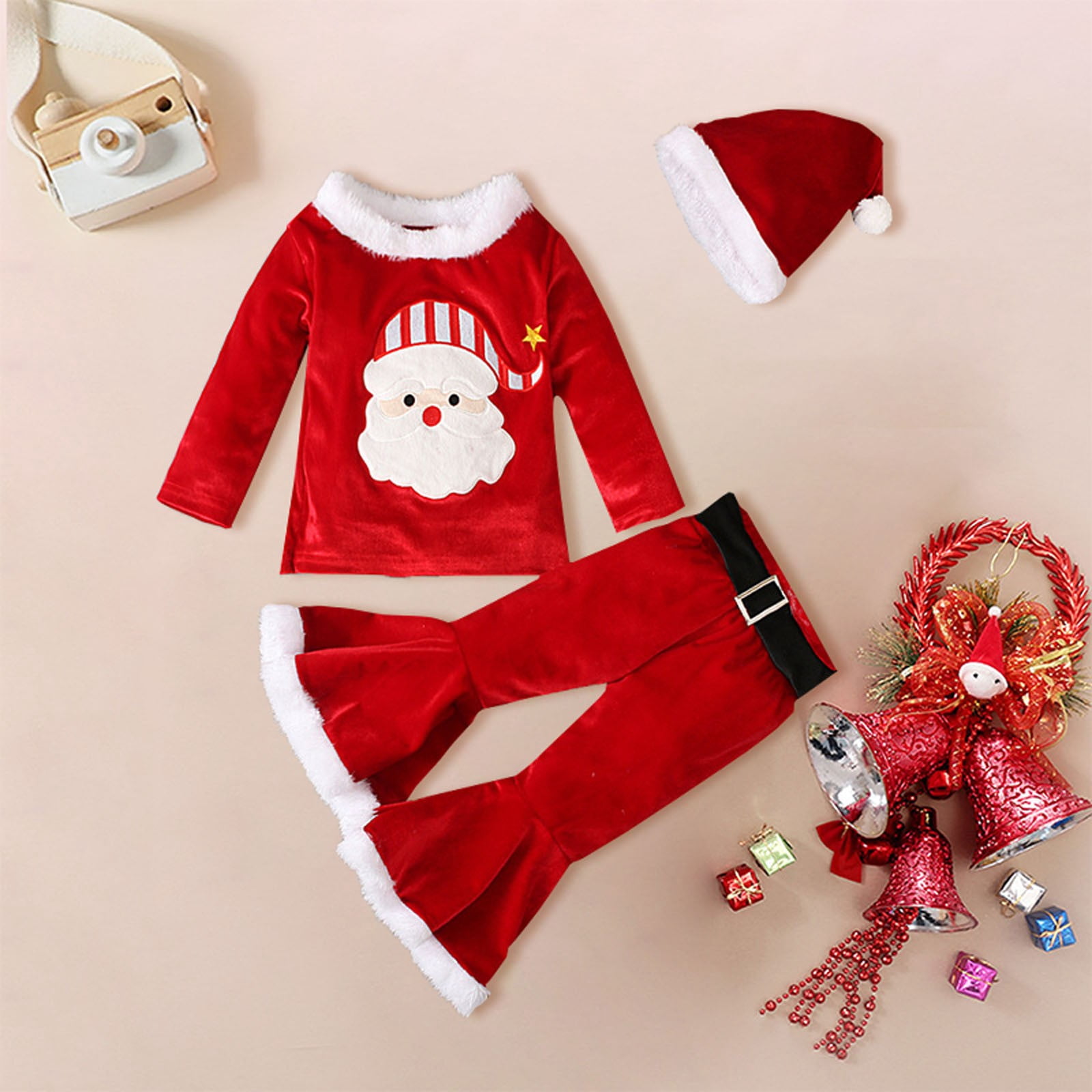 Otqutp Toddler Baby Kids Girls Fall Winter Clothes Christmas Patchwork O Neck Pullover Tops Pants Hat 3PCs Set Toddler Christmas Outfits(Z#Watermelon Red-1,2-3 Years)