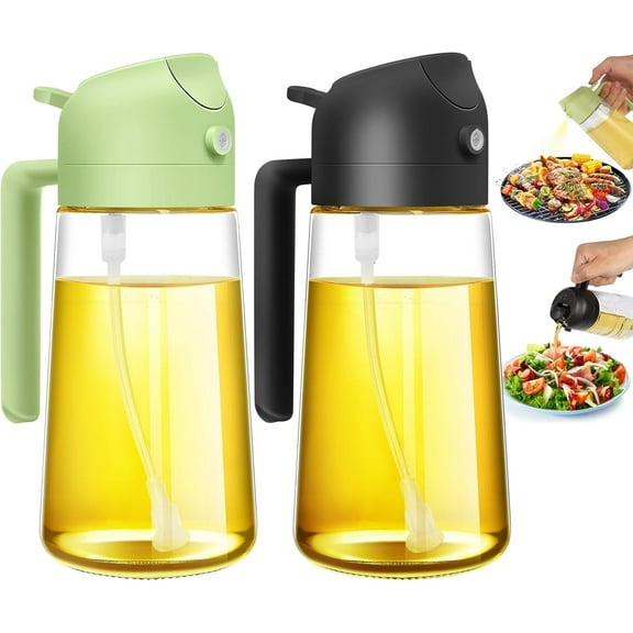 Oil Sprayer for Cooking, 2 in 1 Olive Oil Dispenser Bottle for Kitchen, 16oz/470ml Premium Glass Oil Bottle, Food-grade Oil Mister for Air Fryer, Salad, Frying, BBQ (Green Black)