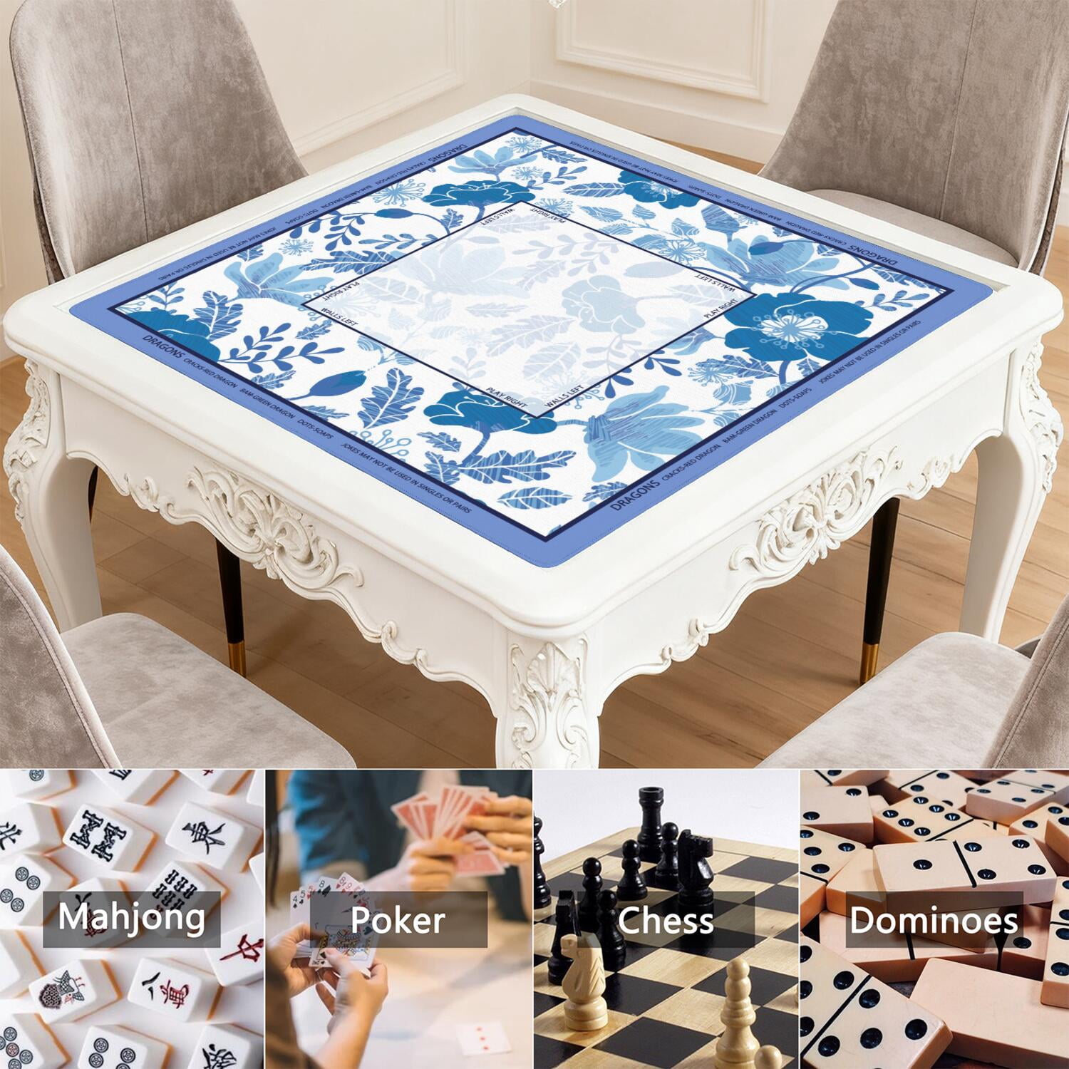 Floral Mahjong Mat with Rules, 31.5*31.5in Anti Slip American Mahjong Mat for Table, Noise Reduction, Neoprene Mah jongg Mats with Carrying Bag & 3 Dices, Mahjong Set Gift, Board Tile Games Mats