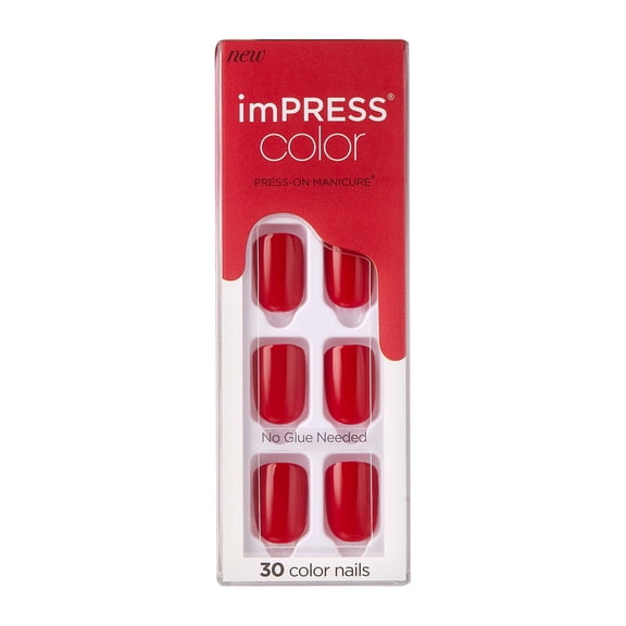 KISS imPRESS Press on Nails, Reddy or Not, Red, Short Squoval, 30 Count