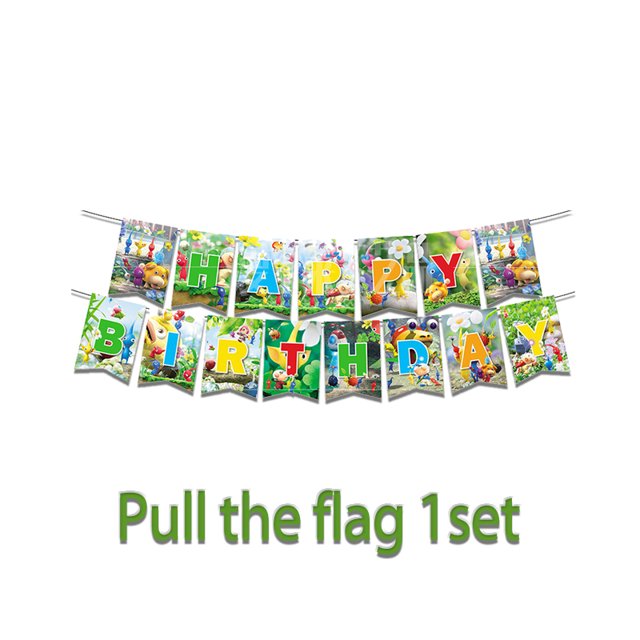 Juego de vajilla decorativa para fiesta de cumpleaños de Pikmin, pancarta para tarta, bandera desechable para colgar, globos de Pikmin, decoración de cumpleaños