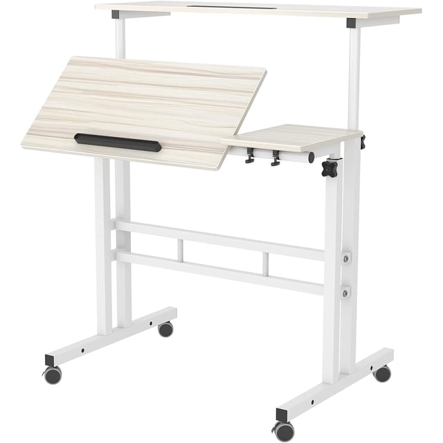 Petit Bureau Debout Mobile avec Roues, Chariots Portatifs Roulants pour Ordinateur Portable avec Porte-Gobelet, Hauteur Réglable, Table d'Ordinateur pour Se Tenir Debout Ou Assis, Chêne