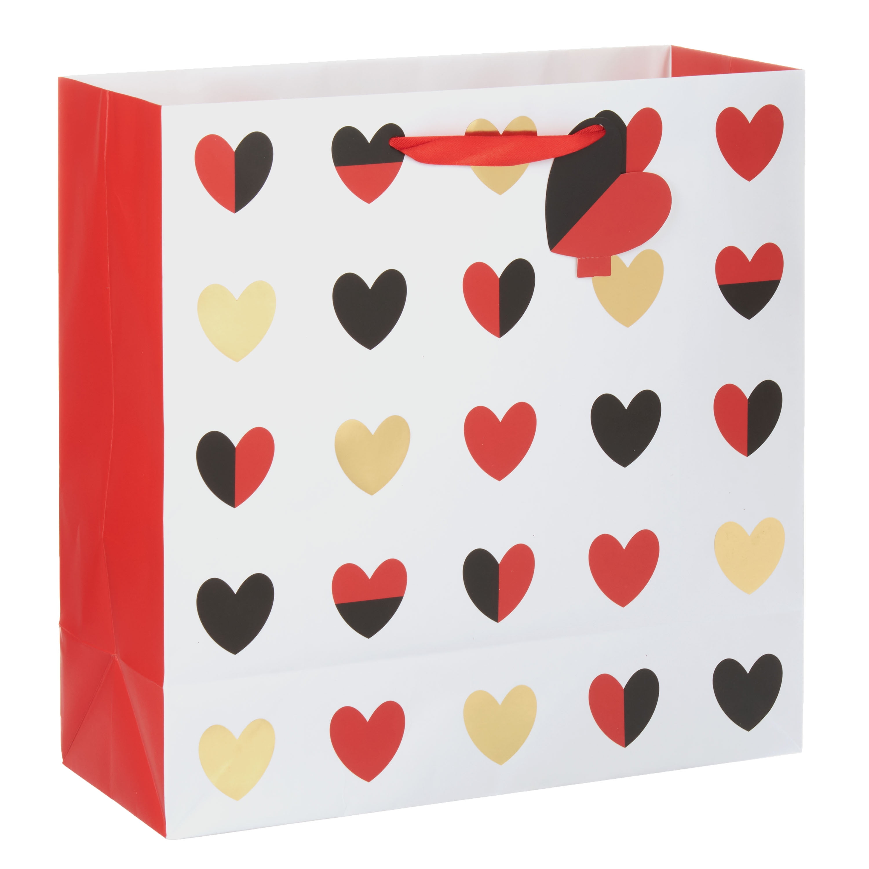 WAY TO CELEBRATE! Way To Celebrate Valentine's Day Red, Gold, and Black Hearts Large Square Gift Bag, Paper