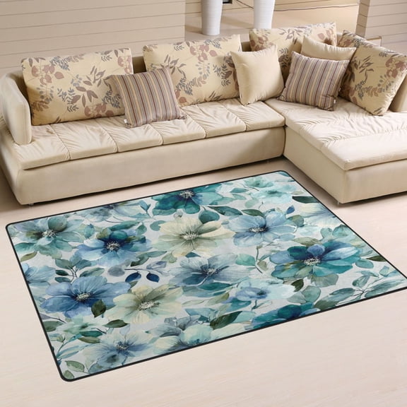 Non-Slip Area Rug 31"x20" Indoor Washable Floor Mats Carpet Printed for Living Room, Bedroom, Home Decor Blue and Green Flowers
