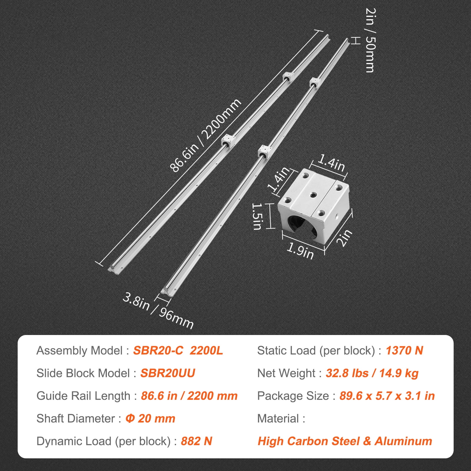 KFFKFF 2PCS SBR20 2200mm Linear Guide Rail Slide Rail 4 PCS SBR20UU Bearing Block