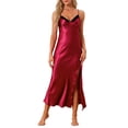 thumbnail image 2 of INSPIRE CHIC Women's Satin Long Sleep Dress Sleeveless Lace Night Shirt V Neck Nightgown M Red, 2 of 6