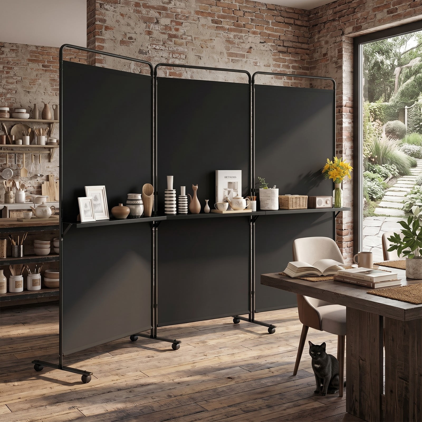 ALPULON 3-Panel Room Divider with 3 Shelves, 6 FT Tall Folding Privacy Screen Freestanding Partition with Lockable Wheels for Living Room Bedroom Office, Black