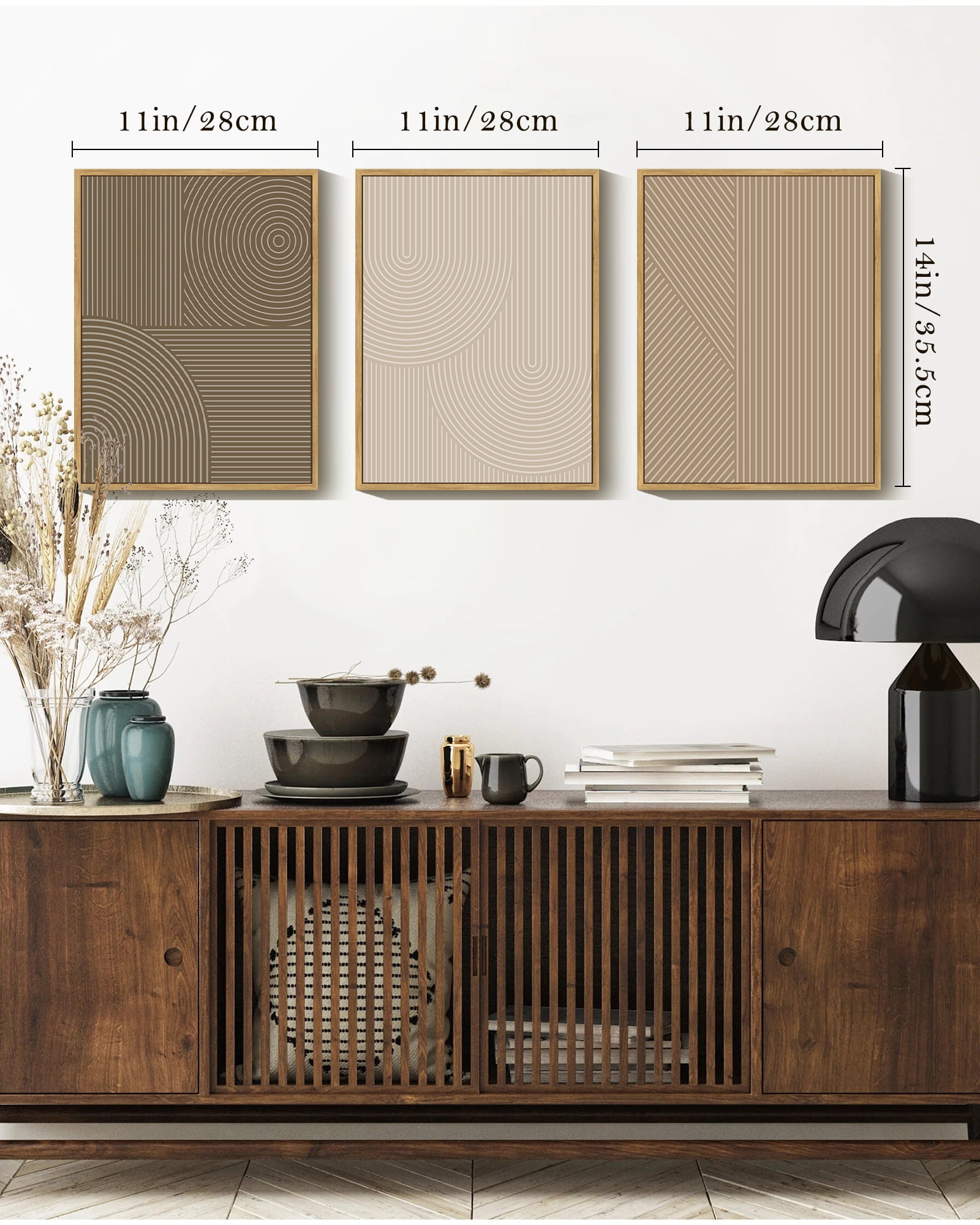 Minimalist Abstract Framed Wall Art 11x14in Natural Framed Modern Boho Neutral Line Wall Decor Geometric Artwork Kitchen Dining Room