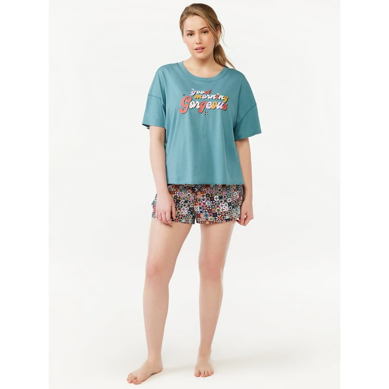 Joyspun Women's Graphic T-Shirt and Boxer Shorts Pajama Set, 2-Piece, Sizes  XS to 3X 