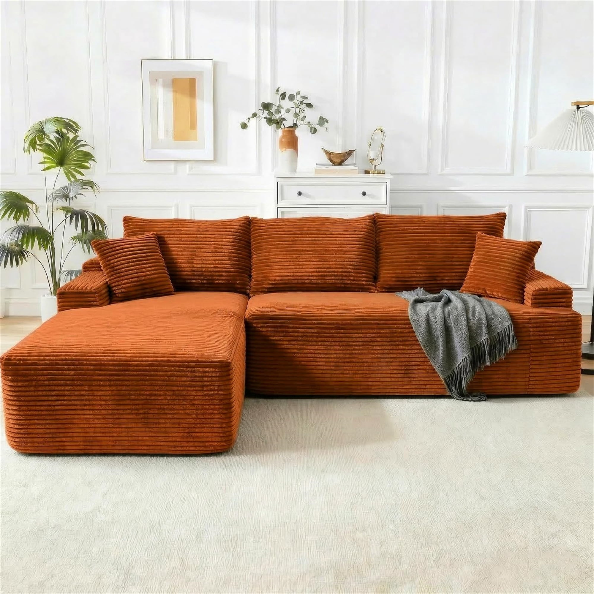 Aukfa 105" Cloud Sectional Sofa Boneless Couch Modular Sofa Bed for Living Room, 2Pillows, Left Chiase, Corduroy, Orange