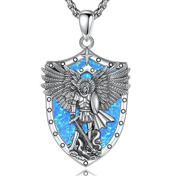 EUDORA Sterling Silver St Michael Necklace for Women Men, Opal Archangel Saint Michael Shield Protection Pendant, Talisman Amuletos de Proteccion Jewelry Gift for Wife Husband, 24" Chain
