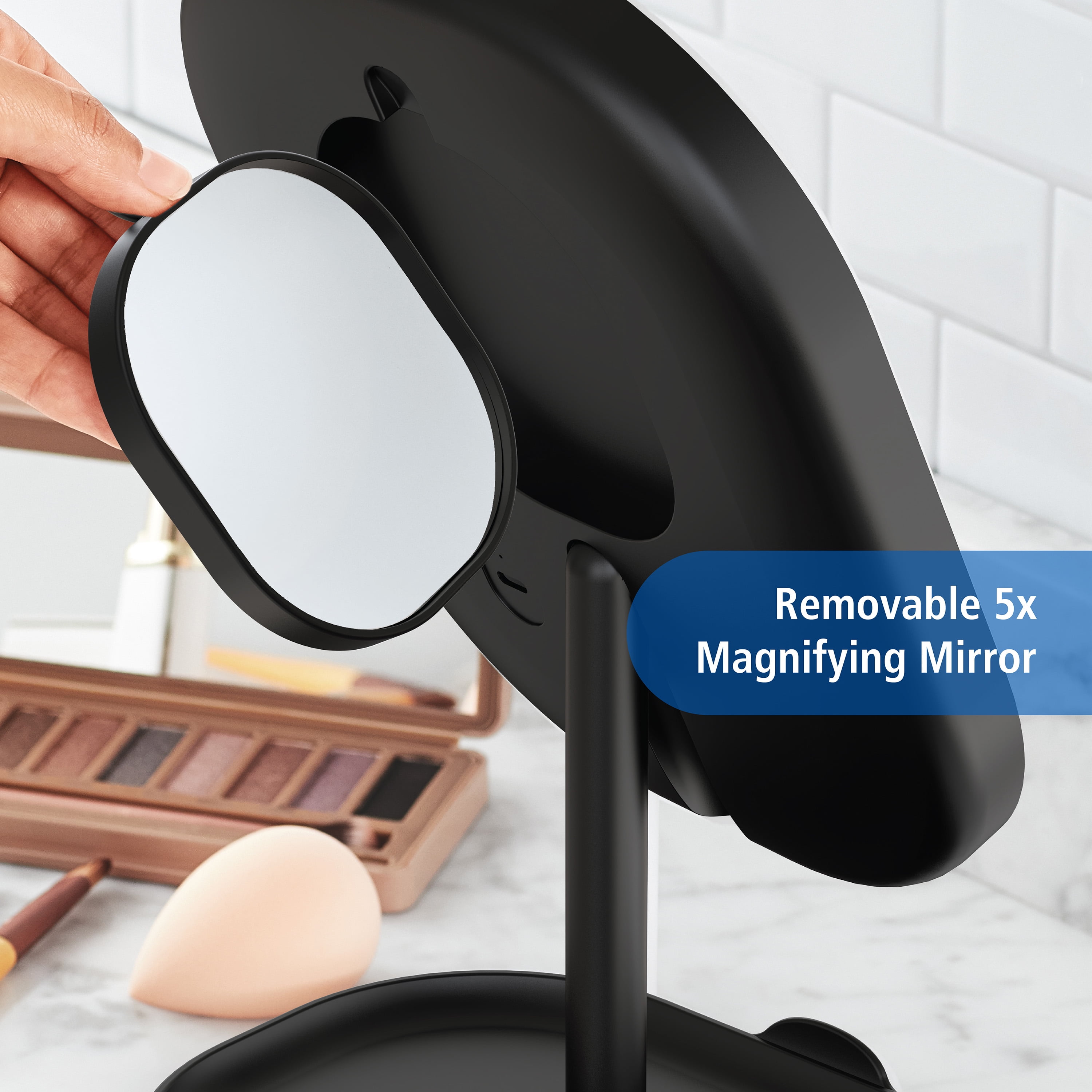 Mainstays LED Makeup Mirror, Rechargeable Vanity Mirror with Lights and Storage Tray Base, Black