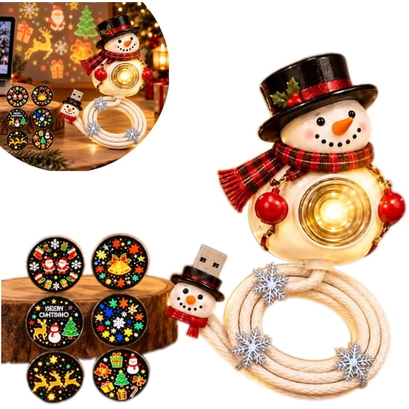 Carsablanco Christmas Projector Light, USB Plug and Play HD Projector with 6 Holiday Patterns for Indoor Decor and Play Snowman Ornament for Vehicle Cabin Decor