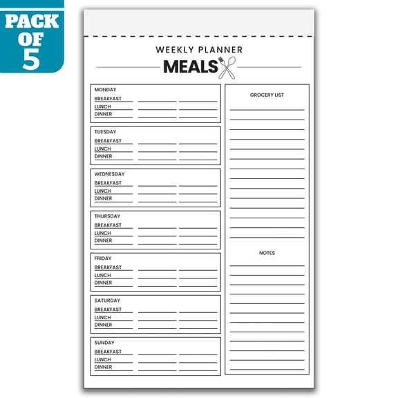 Weekly Meal Planner Notepad 5.5 x 8.5 Inch, Pack of 5 Weekly Meal Planning Pads, 50 Sheets Per Pad, Breakfast Lunch Dinner Organizer with Grocery List and Notes, Made in USA