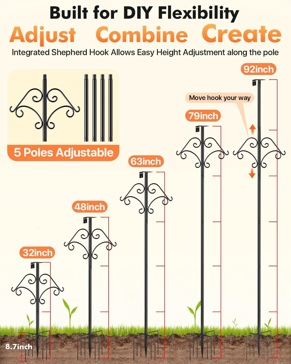 Smart Bird Feeder Pole Stand - 92 Inch Heavy Duty Bird House Pole with Squirrel Proof Baffle Shepherd Hooks for Outdoor - Adjustable Bird Feeding Station for Hanging Feeders Plants Wind Chimes