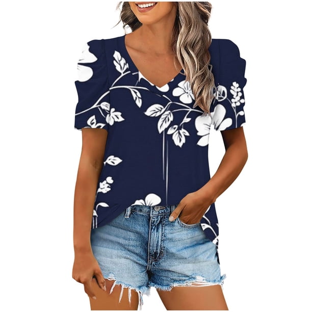 Casual Camisetas de Manga Corta para las Mujeres Imprimir Mangas Puff Cuello en V Camiseta, Poliéster Verano