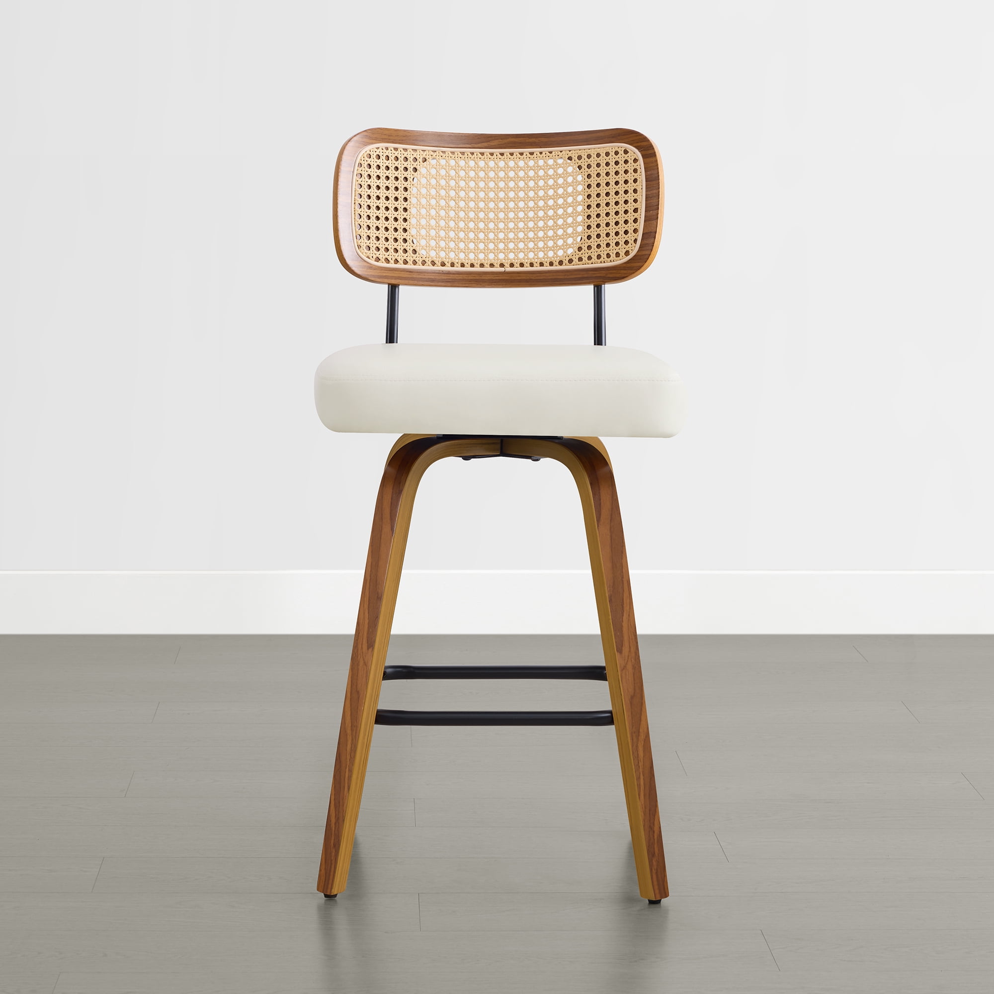 Spruce & Spring 26" Swivel Counter Bar Stool with Walnut Bentwood Frame Set of 3, PE Rattan Back, Ivory