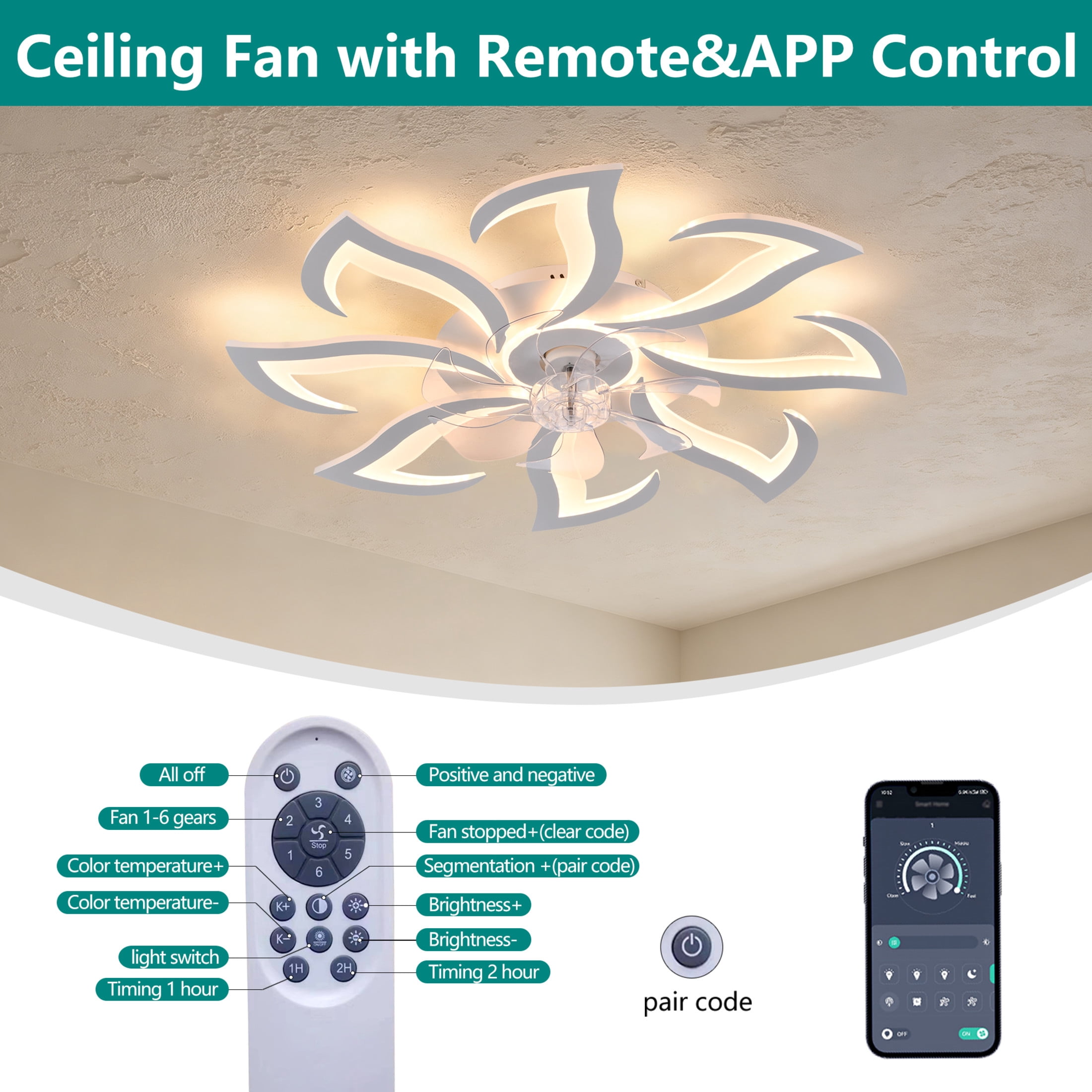 GDF Studio 8-Head Flower Modern Ceiling Fan with LED Lights & Remote Control, Low Profile Flush Mount Fandelier, White