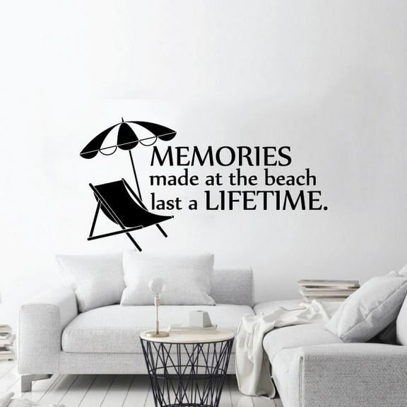 Memories Made At The Beach Last A Lifetime - Beach Quotes Beach Chair Silhouette Vinyl Wall Sticker Art Decal Beach Area Ocean Vibes Design Beach House Home Decor Sticker Decoration Size (18x20 inch)