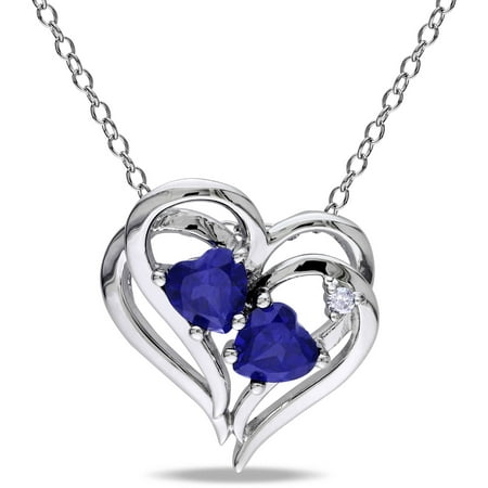 Tangelo 1-1/8 Carat T.G.W. Created Blue Sapphire and Diamond-Accent Sterling Silver Heart Pendant, 18
