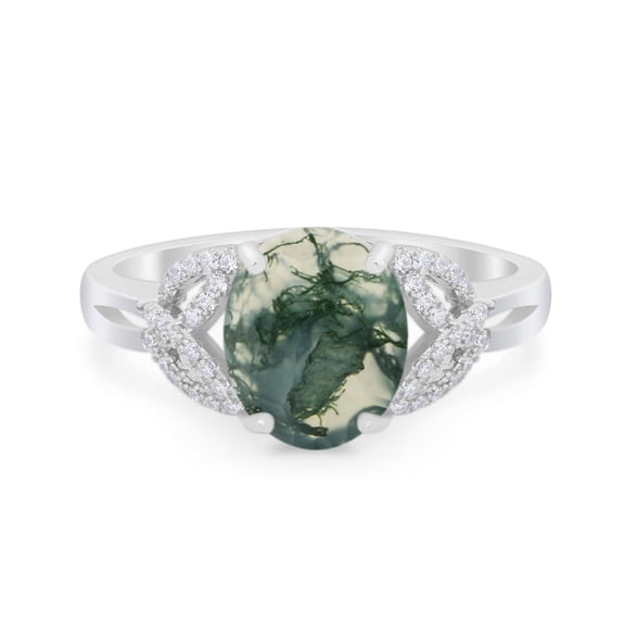 Natural Green Moss Agate Size-5 Art Deco Oval Vintage Style Triquetra Trinity CZ Wedding Engagement Ring For Women 925 Sterling Silver Gifts For Her