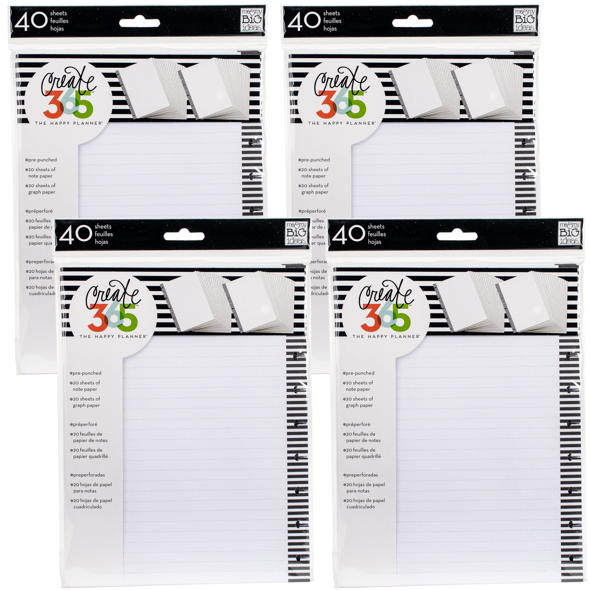 Happy Planner Mini Fill Paper 9.25"X7"White Graph 40 Count, Multipack Of 4