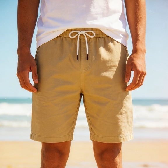 Tqyyweavej Men's Athletic Shorts Solid Color Pull-On Drawstring Shorts Straight Leg Outdoor Workout Shorts with Pockets, Khaki