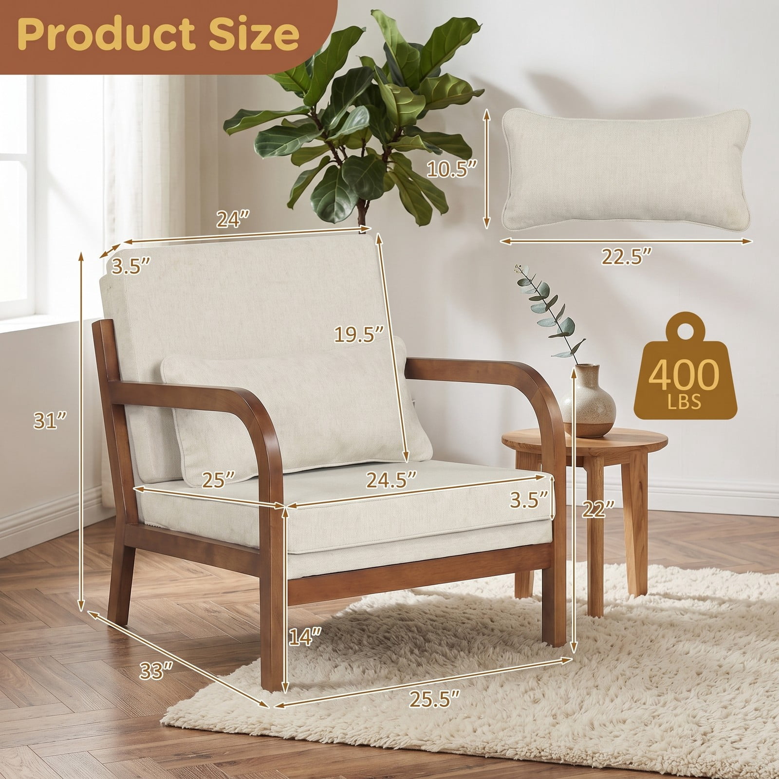 Furnibear Modern Accent Chair, Faux Leather Linen Fabric Upholstered Armchair with Removable Lumbar Pillow, Rubber Wood Frame Single Sofa Chair for Living Room, White