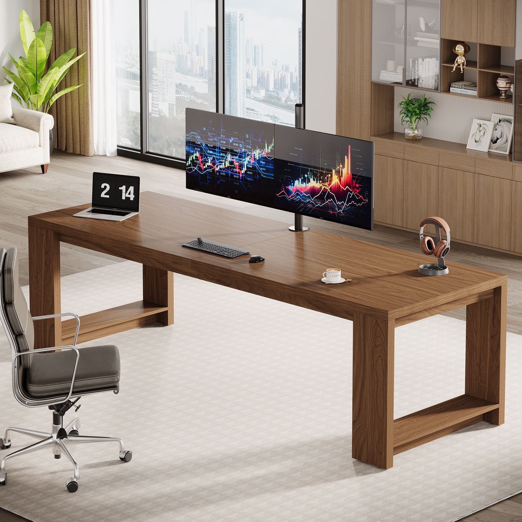 Tribesigns 86.6-inch Extra Long Desk, Wooden 2 Person Desk with Sturdy Legs, Large Double Computer Desk for Home Office, Walnut (Set of 2)