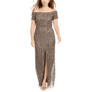 Adrianna Papell Women's Off the Shoulder Beaded Gown Brown Size 16