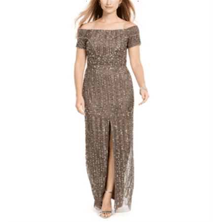 Adrianna Papell Women's Off the Shoulder Beaded Gown Brown Size 16