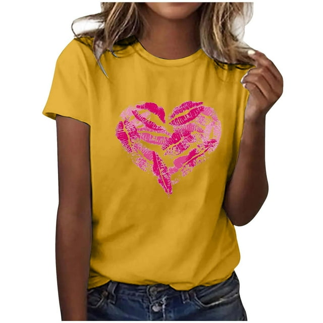 WEAIXIMIUNG T-Shirt Décontracté Col Rond pour Femmes avec Imprimé Cœur de la Saint-Valentin Manches Courtes