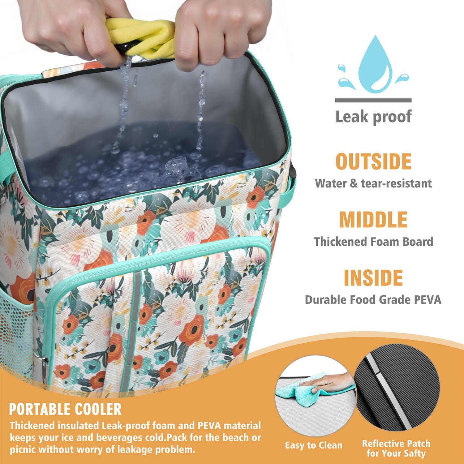 Travel Cooler Bag - Pioneer Flower Floral Print Pattern Camping Beer Cooler Backpack with Bottle Opener- Waterproof Insulated Picnic Backpacks - Cooler Bag for Beach