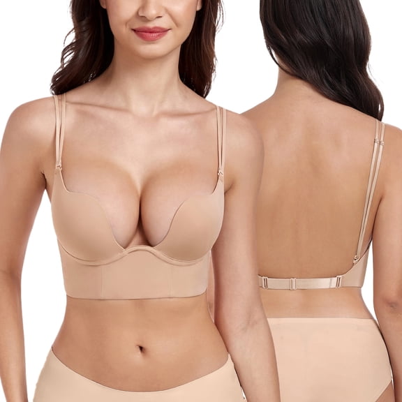 Exerin Women's Backless Bra Underwire Push Up Padded Plunge Convertible Low Back Bras,36D