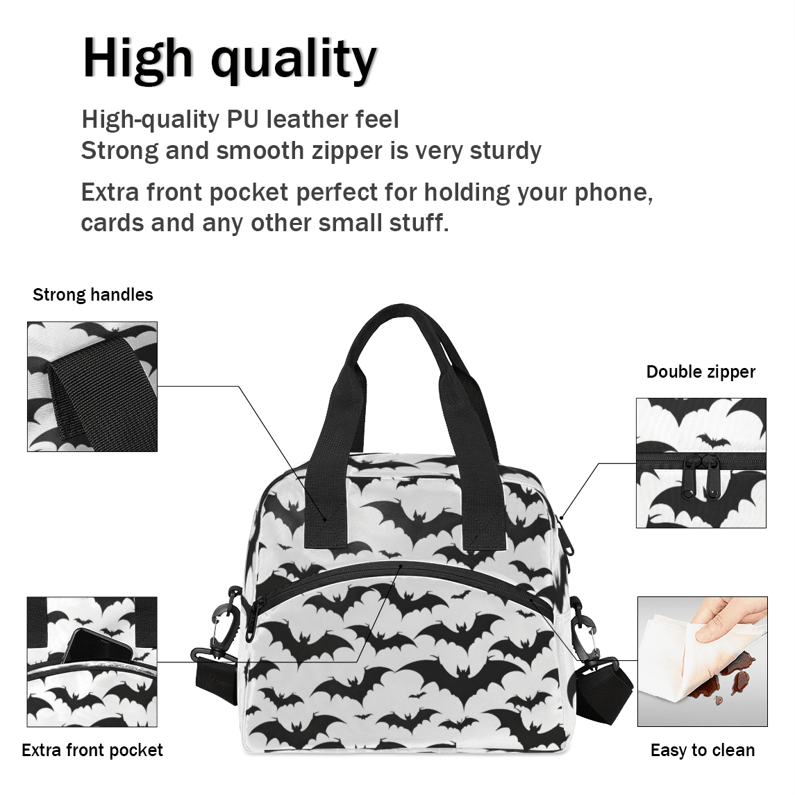 Herdesigns Halloween Bat Insulated Lunch Bag for Women Men Adults Large Reusable Lunch Box Black and White Bat Leakproof Cooler Tote Bags with Adjustable Shoulder Strap