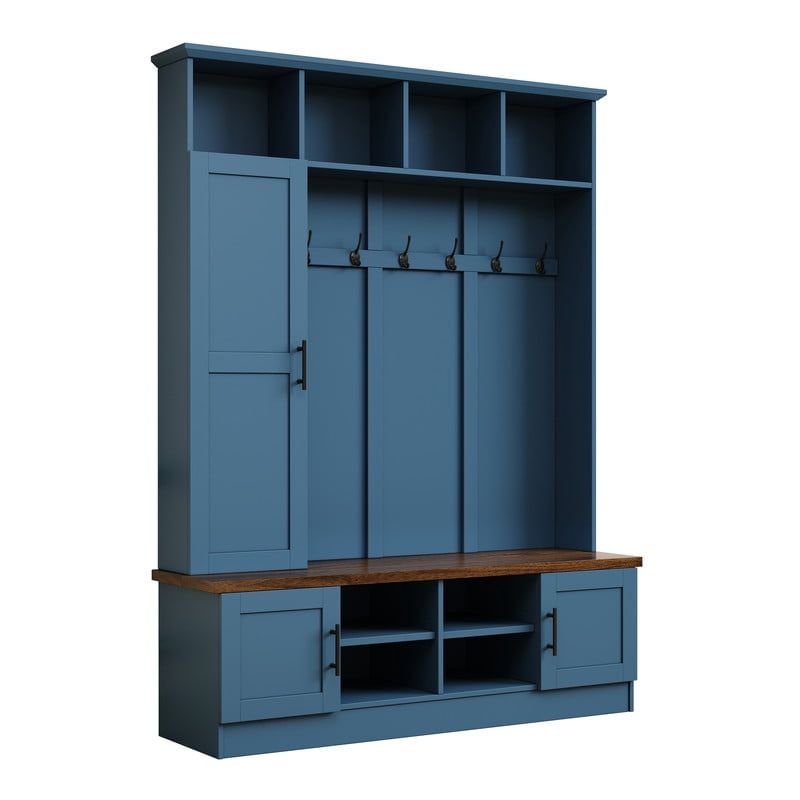 Farmhouse 3-in-1 Hall Tree with 6 Hooks, Entryway Coat Rack with Adjustable Shelves, Versatile Shoe Storage Bench with Open Cubbies