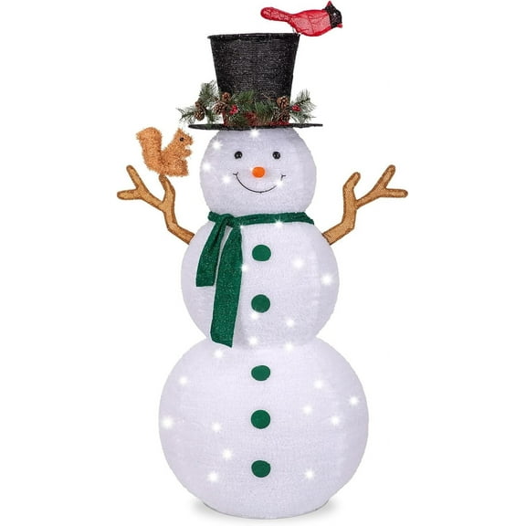 6 FT Christmas Lighted Snowman with 200 LED Lights & Timer, Collapsible Snowman Christmas Decorations Outdoor Yard Home, Fluffy Snowman with Bird & Squirrel(6FT)